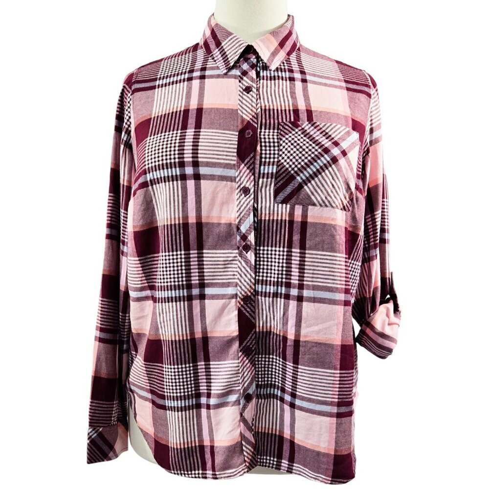 Market & Spruce Burgundy Pink Plaid Roll Tab Sleeve Button-Up Shirt Cabincore